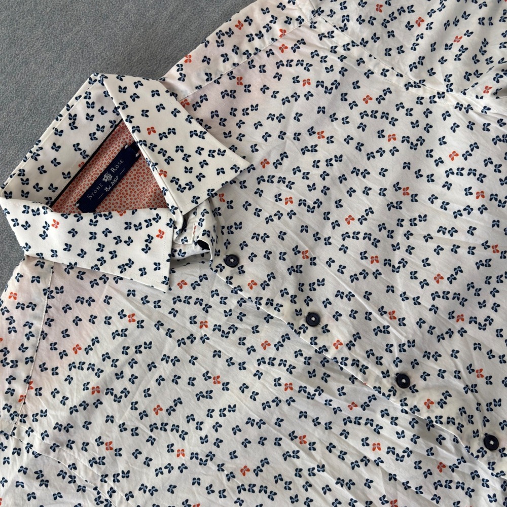 Stone Rose Mens Butterfly Print Short Sleeve Button Down Shirt White Navy S